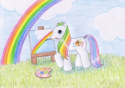 Size: 1024x720 | Tagged: safe, artist:normaleeinsane, finger paints, pony, g3, cloud, easel, female, grass, paintbrush, painting, plein air, rainbow, solo, traditional art