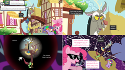 Size: 2564x1444 | Tagged: safe, artist:hakunohamikage, discord, pinkie pie, oc, oc:laughter, pony, ask-princesssparkle, g4, ask, hat, jester hat, microphone, sunglasses, tumblr