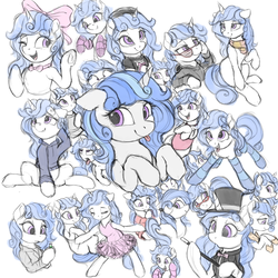 Size: 3000x3000 | Tagged: safe, artist:vanillaghosties, oc, oc only, oc:melodia, pony, bow, clothes, colored sketch, cute, dress, eyes closed, female, gift art, hair bow, hat, high res, mare, ocbetes, socks, solo, stockings, striped socks, sweater, thigh highs, tongue out, top hat