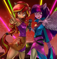Size: 2039x2100 | Tagged: safe, artist:oberon826, sunset shimmer, twilight sparkle, alicorn, equestria girls, g4, my little pony equestria girls: rainbow rocks, armpits, clothes, duo, high res, looking at you, microphone, nail polish, ponied up, skirt, sleeveless, smiling, smirk, twilight sparkle (alicorn), welcome to the show