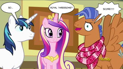 Size: 1920x1080 | Tagged: safe, edit, edited screencap, screencap, princess cadance, shining armor, spearhead, alicorn, pegasus, pony, unicorn, a flurry of emotions, g4, discovery family logo, implied good clean married sex, implied sex, implied shipping, implied threesome, male, spread wings, stallion, wingboner, wings