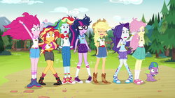 Size: 1920x1080 | Tagged: safe, screencap, applejack, fluttershy, pinkie pie, rainbow dash, rarity, sci-twi, spike, spike the regular dog, sunset shimmer, twilight sparkle, dog, equestria girls, g4, my little pony equestria girls: legend of everfree, camp everfree, camp everfree outfits, converse, humane five, humane seven, humane six, mane six, shocked, shoes, sneakers, wood