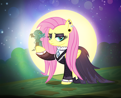 Size: 1024x829 | Tagged: safe, artist:pixelkitties, fluttershy, pegasus, pony, fake it 'til you make it, andrea libman, clothes, cthulhu, dress, ear piercing, earring, eyeshadow, female, fluttergoth, full moon, goth, jewelry, makeup, mare, moon, night, outdoors, piercing, solo