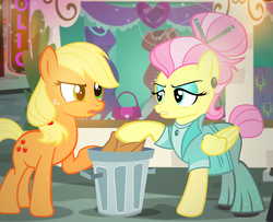 Size: 1100x891 | Tagged: safe, artist:pixelkitties, applejack, fluttershy, earth pony, pegasus, pony, fake it 'til you make it, g4, applejack wants her hat back, clothes, cowboy hat, duo, female, hat, mare, severeshy, this will end in angry countryisms, this will end in pain, this will end in pain and/or angry countryisms, trash can