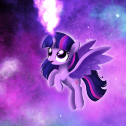 Size: 1000x1000 | Tagged: safe, artist:songbirdserenade, twilight sparkle, alicorn, pony, g4, cute, female, glowing horn, horn, looking up, magic, solo, spread wings, twiabetes, twilight sparkle (alicorn), wings