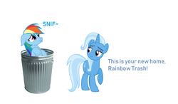 Size: 2896x1696 | Tagged: safe, rainbow dash, trixie, pegasus, pony, unicorn, g4, abuse, background pony strikes again, dashabuse, dialogue, downvote bait, duo, duo female, female, mare, op is a duck, op is trying to start shit, rainbow trash, sad, simple background, trash can, white background, why