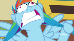Size: 1920x1080 | Tagged: safe, screencap, rainbow dash, pegasus, pony, g4, grannies gone wild, season 8, discovery family logo, faic, female, hair pulling, insanity face, mare, pigtails, rainbow dash is best facemaker, rainbowsnap, solo