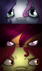 Size: 1920x3240 | Tagged: safe, artist:stuflox, apple bloom, scootaloo, sweetie belle, earth pony, pony, the count of monte rainbow, g4, albert de morcef, angry, bags under eyes, crossover, cutie mark crusaders, eugenie danglars, female, musical, rule 63, sad, scootabert, scooteroll, the count of monte cristo, trio, valentine de villefort
