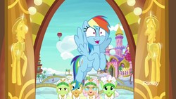 Size: 1920x1080 | Tagged: safe, screencap, apple rose, auntie applesauce, flam, flim, goldie delicious, granny smith, rainbow dash, earth pony, pegasus, pony, g4, grannies gone wild, discovery family logo, female, flim flam brothers, flying, gold horseshoe gals, las pegasus, mare, rainbow dash is best facemaker