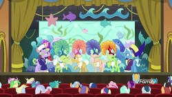 Size: 1920x1080 | Tagged: safe, screencap, apple rose, auntie applesauce, big bucks, bon bon, frying pan (g4), goldie delicious, granny smith, jack pot, lightning riff, lyra heartstrings, sweet buzz, sweetie drops, earth pony, pony, unicorn, g4, grannies gone wild, background pony, discovery family logo, female, gold horseshoe gals, hat, las pegasus resident, magic show, male, mare, stage, stallion, top hat