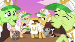 Size: 1920x1080 | Tagged: safe, screencap, apple rose, auntie applesauce, goldie delicious, granny smith, earth pony, pony, g4, grannies gone wild, clothes, discovery family logo, female, gold horseshoe gals, hat, mare, mouth hold, shirt, t-shirt