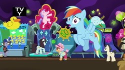 Size: 1920x1080 | Tagged: safe, screencap, butterscotch sweets, country mile, rainbow dash, sprout greenhoof, earth pony, pegasus, pony, g4, grannies gone wild, camera, dance dance revolution, discovery family logo, duck shoot, female, flying, hat, las pegasus resident, male, mare, rhythm game, solo focus, stallion, unnamed character, unnamed pony
