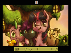 Size: 1607x1200 | Tagged: safe, artist:plotcore, owlowiscious, peewee, spike, twilight sparkle, oc, oc:nyx, alicorn, bird, dragon, owl, phoenix, pony, unicorn, fanfic:past sins, g4, adopted offspring, alicorn oc, camera, camera shot, drawthread, family, family photo, female, filly, golden oaks library, looking at you, male, mare, mother and daughter, request, side hug, slit pupils, smiling, unicorn twilight