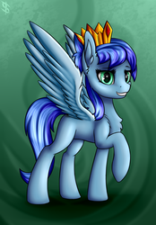 Size: 1600x2300 | Tagged: safe, artist:6editor9, oc, oc only, oc:happy emerald, pegasus, pony, commission, crown, female, green eyes, jewelry, mare, regalia, simple background, solo