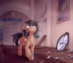 Size: 1024x887 | Tagged: safe, artist:scarlet-spectrum, oc, oc only, oc:quillwright, pegasus, pony, fallout equestria, amputee, bandage, fallout equestria: of shadows, fanfic art, female, mirror, missing limb, missing wing, pipbuck, scar, solo, stump, watermark