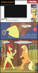 Size: 1500x2873 | Tagged: safe, artist:mighty-muffins, apple bloom, applejack, rarity, scootaloo, spitfire, sweetie belle, earth pony, pony, g4, apple, baseball bat, bipedal, bow, comic, computer, dialogue, female, food, hair bow, hay bale, magnetic hooves, mare, older, older apple bloom, screen punch, sitting, standing, undersized clothes, wat