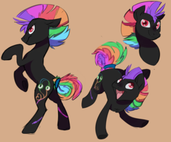 Size: 3000x2500 | Tagged: safe, artist:veesocks, oc, oc only, oc:blacklight flash, earth pony, pony, brown background, happy, headphones, high res, looking at you, male, rainbow hair, rearing, red eyes, simple background, solo, stallion