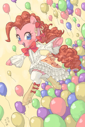 Size: 1200x1800 | Tagged: safe, artist:yanamosuda, pinkie pie, earth pony, pony, g4, balloon, clothes, cute, diapinkes, dress, female, frilly dress, mare, open mouth, smiling, solo