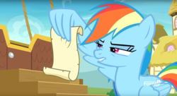 Size: 1675x909 | Tagged: safe, screencap, rainbow dash, g4, grannies gone wild, rainbow dash reading a scroll, reading, squint, wing hands, wing hold