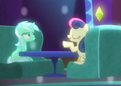 Size: 890x629 | Tagged: safe, screencap, bon bon, lyra heartstrings, sweetie drops, earth pony, pony, unicorn, g4, grannies gone wild, annoyed, bored, cropped, duo, female, lyra is not amused, mare, sitting, unamused
