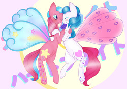 Size: 2000x1396 | Tagged: safe, artist:sanso, heart bright, star flight, pony, g3, g4, artificial wings, augmented, duo, female, g3 to g4, generation leap, lesbian, magic, magic wings, ship:brightflight, shipping, wings