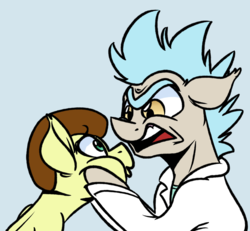 Size: 1024x947 | Tagged: safe, artist:witchtaunter, pony morty, pony rick, earth pony, pony, g4, grannies gone wild, cheek squish, clothes, colt, looking at each other, male, morty smith, ponified, rick and morty, rick sanchez, simple background, squishy cheeks, stallion, that was fast