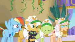 Size: 914x515 | Tagged: safe, screencap, apple rose, goldie delicious, granny smith, rainbow dash, cat, earth pony, pegasus, pony, g4, grannies gone wild, animated, elderly, female, mare, wing hands