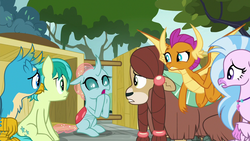 Size: 1280x720 | Tagged: safe, screencap, gallus, ocellus, sandbar, silverstream, smolder, yona, changedling, changeling, classical hippogriff, dragon, earth pony, griffon, hippogriff, pony, yak, g4, school daze, adorable distress, cute, floppy ears, flying, frown, gasp, gritted teeth, open mouth, raised eyebrow, raised hoof, sad, scared, sitting, spread wings, student six, wide eyes, wings