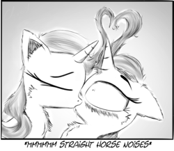 Size: 949x822 | Tagged: safe, artist:chopsticks, starlight glimmer, trixie, pony, unicorn, g4, blushing, cheek fluff, chest fluff, descriptive noise, duo, duo female, ear fluff, female, horse noises, kiss on the lips, kissing, lesbian, mare, monochrome, not gay but still pretty gay, ship:startrix, shipping, surprise kiss, text