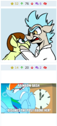 Size: 232x508 | Tagged: safe, artist:witchtaunter, pony morty, pony rick, rainbow dash, pony, derpibooru, g4, grannies gone wild, my little pony: friendship is magic, exploitable meme, juxtaposition, meme, meta, morty smith, ponified, rick and morty, rick sanchez