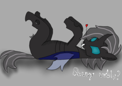 Size: 1684x1191 | Tagged: safe, artist:kacpi, oc, oc only, oc:625, changeling, bellyrubs, bewwy wubbs, changeling oc, cute, female, gradient background, heart, looking at you, on back, solo, text
