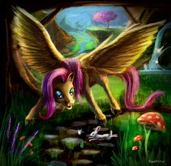 Size: 3600x3479 | Tagged: safe, artist:calebp1716, angel bunny, fluttershy, g4, high res, mushrooms, spread wings, wings