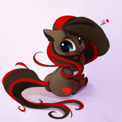 Size: 2000x2000 | Tagged: dead source, safe, artist:miokomata, oc, oc only, oc:alcery, earth pony, pony, blushing, butt, cute, dialogue, dock, ear fluff, female, floppy ears, fluffy, gradient background, heart, hi, high res, leg fluff, looking at you, looking back, looking back at you, mare, miokomata is trying to murder us, ocbetes, plot, red and black oc, shoulder fluff, shy, sitting, smiling, solo, tail fluff, underhoof, unshorn fetlocks