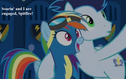 Size: 1000x625 | Tagged: safe, edit, edited screencap, editor:korora, screencap, rainbow dash, soarin', pegasus, pony, g4, grannies gone wild, clothes, cropped, duo, engagement, excited, female, goggles, happy, implied spitfire, lockers, male, mare, offscreen character, ship:soarindash, shipping, stallion, straight, text, uniform, wonderbolts uniform