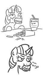 Size: 436x721 | Tagged: safe, artist:jargon scott, twilight sparkle, alicorn, pony, g4, black and white, bust, comic, dialogue, eating, fast food, female, food, french fries, grayscale, majestic as fuck, mare, monochrome, simple background, soda, solo, twilight burgkle, twilight sparkle (alicorn), white background