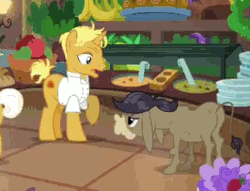 Size: 323x247 | Tagged: safe, edit, edited screencap, screencap, cranky doodle donkey, gourmand ramsay, rainbow dash, pegasus, pony, unicorn, g4, grannies gone wild, animated, background characters doing background things, cropped, discovery family logo, eye contact, female, food, frown, glare, gordon ramsay, gritted teeth, image macro, looking at each other, male, mare, meme, open mouth, pointing, raised hoof, semi-vulgar, stallion, talking
