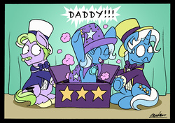 Size: 2464x1733 | Tagged: safe, artist:bobthedalek, big bucks, jack pot, trixie, earth pony, pony, unicorn, g4, grannies gone wild, cape, clothes, cute, dialogue, diatrixes, eyes closed, father and daughter, female, frown, hat, inconvenient trixie, magic show, magic trick, male, mare, oh crap face, smiling, stallion, sweat, that was fast, trixie's cape, trixie's hat