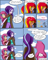 Size: 800x1000 | Tagged: safe, artist:jake heritagu, scootaloo, starlight glimmer, oc, oc:lightning blitz, oc:solar, comic:ask motherly scootaloo, equestria girls, g4, baby, cloak, clothes, comic, dialogue, equestria girls-ified, female, hairpin, male, mother and son, motherly scootaloo, offspring, older, older scootaloo, parent:rain catcher, parent:scootaloo, parents:catcherloo, speech bubble, sweatshirt