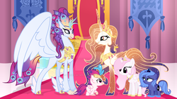 Size: 1024x579 | Tagged: safe, artist:velveagicsentryyt, princess celestia, princess luna, queen novo, oc, oc:clora fly, oc:queen galaxia, classical hippogriff, hippogriff, pony, g4, my little pony: the movie, base used, cewestia, female, filly, fledgeling, mare, mother and daughter, previous generation, sisters, woona, younger