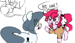 Size: 1081x624 | Tagged: safe, artist:hattsy, artist:lunarmarshmallow, oc, oc:hattsy, oc:marshmallow, earth pony, pony, beauty mark, clothes, collaboration, colored, dialogue, duo, female, lipstick, mare, open mouth, ponytail, raised hoof, smiling, speech bubble, tail wrap