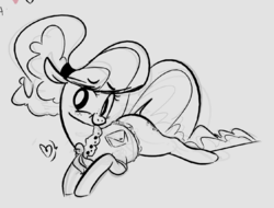 Size: 1114x848 | Tagged: safe, artist:hattsy, chickadee, ms. peachbottom, earth pony, pony, g4, black and white, female, freckles, grayscale, heart, mare, monochrome, prone, simple background, solo
