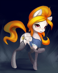 Size: 962x1200 | Tagged: safe, alternate version, artist:oneofyouare, oc, oc only, oc:storm shield, pegasus, pony, blushing, clothes, female, fishnet stockings, looking at you, mare, raised hoof, simple background, solo
