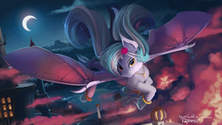 Size: 1920x1080 | Tagged: safe, artist:discordthege, oc, oc only, oc:wistful galaxy, bat pony, pony, bat pony oc, bat wings, castle, cloud, colored hooves, commission, crescent moon, digital art, ear fluff, female, flower, flower in hair, flying, full moon, jewelry, looking at you, mare, moon, necklace, night, night sky, scenery, signature, sky, smiling, solo, spread wings, starry night, vertigo, windswept mane, windswept tail, wing claws, wings