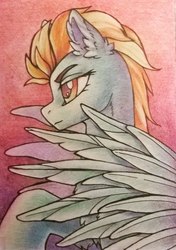 Size: 760x1080 | Tagged: safe, artist:dragonataxia, lightning dust, pegasus, pony, g4, aceo, bust, colored pencil drawing, ear fluff, female, gradient background, mare, portrait, profile, solo, traditional art