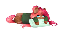Size: 1024x561 | Tagged: safe, artist:itsizzybel, oc, oc only, oc:ruef, earth pony, pony, clothes, female, mare, pillow, prone, shirt, simple background, solo, transparent background