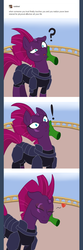Size: 576x1728 | Tagged: safe, artist:scraggleman, tempest shadow, oc, oc:anon, pony, unicorn, g4, my little pony: the movie, affection, broken horn, comforting, comic, confused, disembodied hand, eye scar, hand, happy, heart, horn, meme, sad cheetah, scar, tumblr