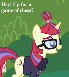 Size: 648x720 | Tagged: safe, edit, edited screencap, editor:korora, screencap, moondancer, pony, unicorn, amending fences, g4, adorkable, bronybait, chess, clothes, cropped, cute, dancerbetes, dork, female, glasses, mare, open mouth, solo, sweater, text