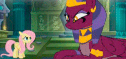 Size: 300x142 | Tagged: safe, gameloft, screencap, fluttershy, the sphinx, pegasus, pony, sphinx, g4, animated, ear flick, female, gif, gif for breezies, headdress, mare, picture for breezies, stare, the stare