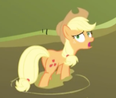Size: 240x203 | Tagged: safe, screencap, applejack, earth pony, pony, feeling pinkie keen, g4, butt, cowboy hat, cropped, female, hat, looking back, mare, plot, solo
