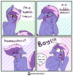 Size: 1280x1344 | Tagged: safe, artist:whisperfoot, oc, oc only, oc:berry frost, anthro, blushing, body freckles, butt freckles, chest fluff, comic, coming out, cute, dialogue, ear fluff, embarrassed, freckles, gay, male, meme, ocbetes, shoulder freckles, silly, smiling, solo, suddenly hands, suddenly hooves, text